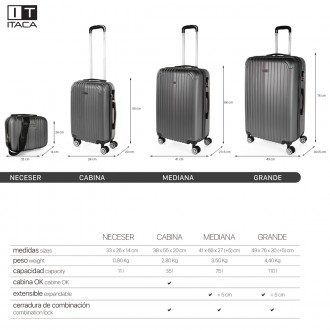 Set di 2/3 valigie (Cabina, Media e Grande) Sevron rigida con capacità di 104 L