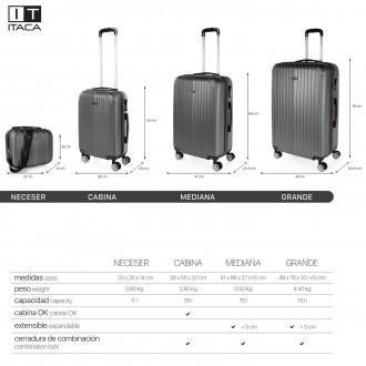 Set di 2/3 valigie (Cabina, Media e Grande) Sevron rigida con capacità di L
